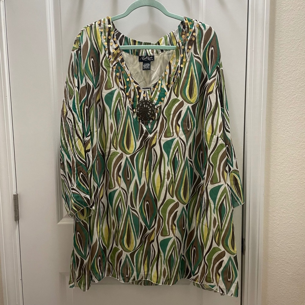 Russell Kemp New York Womens 4X Tunic Top Green Brown Abstract Print Embellished